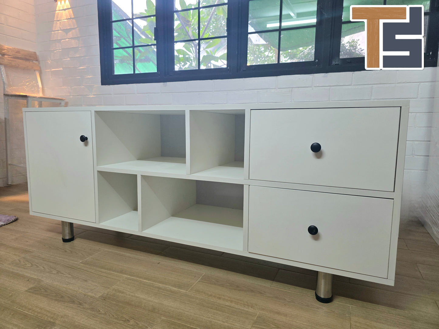 Blockboard TV Bench with Door and Drawer - L 5 ft , W 18 Inches , H - 2 ft